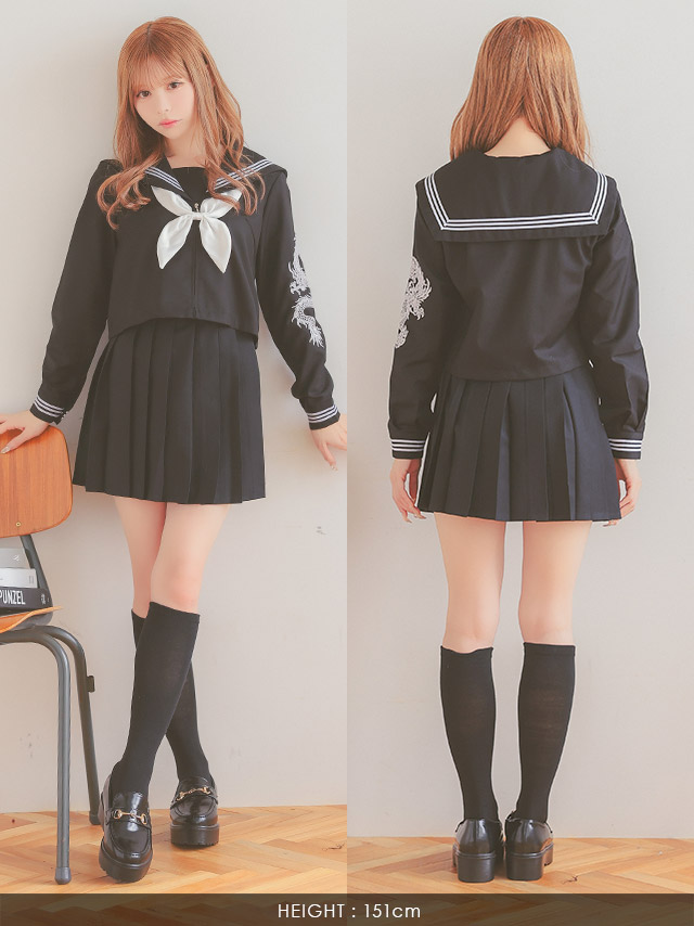 コスプレ 龍刺繍 プリーツミニスカート 体型カバー 袖あり セーラー服 衣装4点セットのフロントバック画像