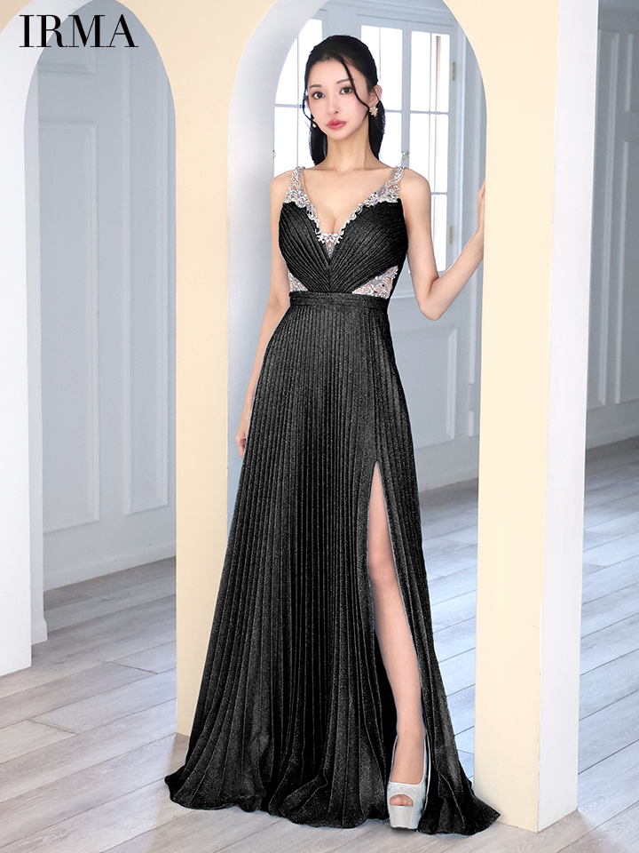 ノースリーブ スリット ラメニット セクシー プリーツ Aラインロングドレスのイメージ画像2