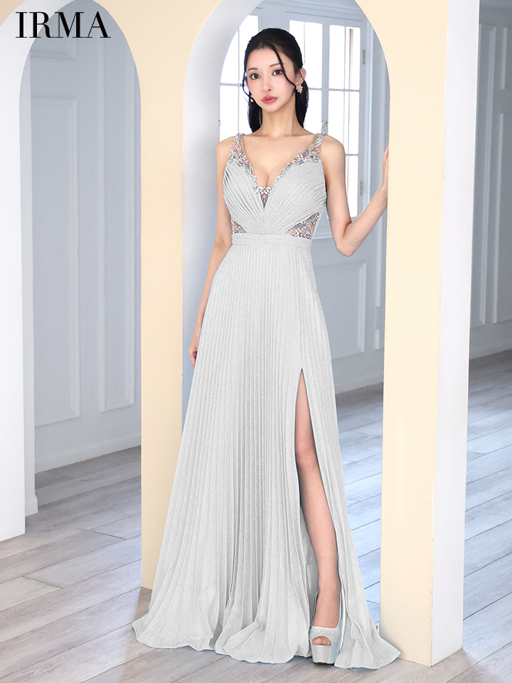 ノースリーブ スリット ラメニット セクシー プリーツ Aラインロングドレスのイメージ画像3