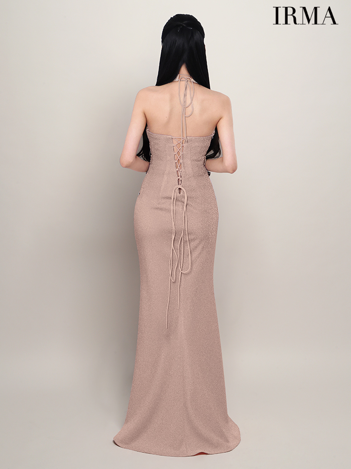 ホルターネック ビジュー ウエストカット セクシー ラメニット スリット タイトロングドレスのイメージ画像4