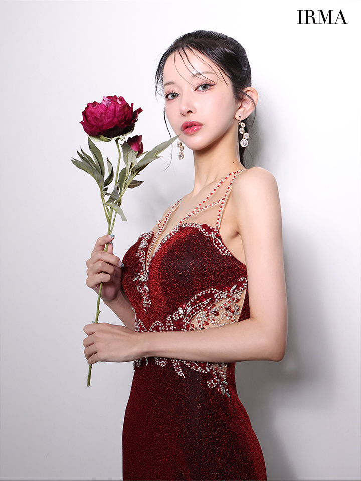 ノースリーブ ビジュー ラメニット バースデー バックレースアップ スリット タイトロングドレスのイメージ画像2