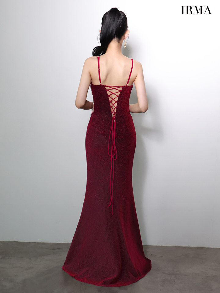 ノースリーブ ビジュー ラメニット バースデー バックレースアップ スリット タイトロングドレスのイメージ画像7