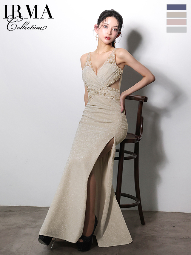 ノースリーブ ラメニット バックレースアップ くびれ透け スリット タイトロングドレスのイメージ画像1