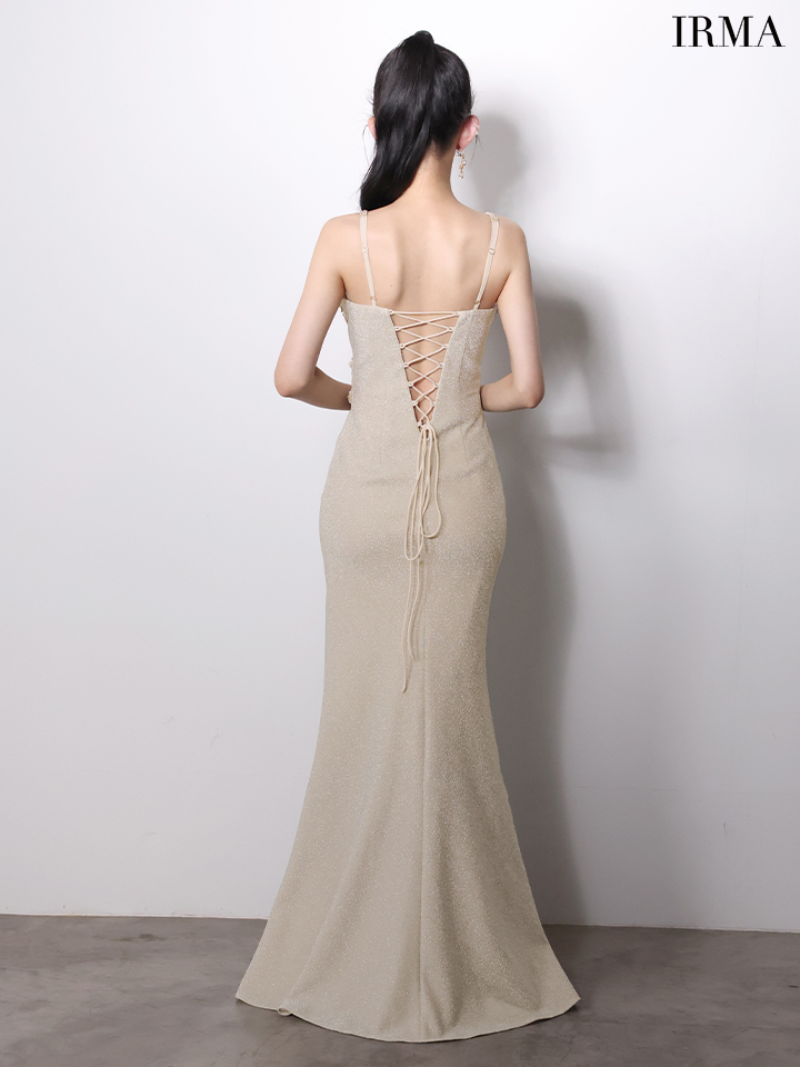 ノースリーブ ラメニット バックレースアップ くびれ透け スリット タイトロングドレスのイメージ画像6