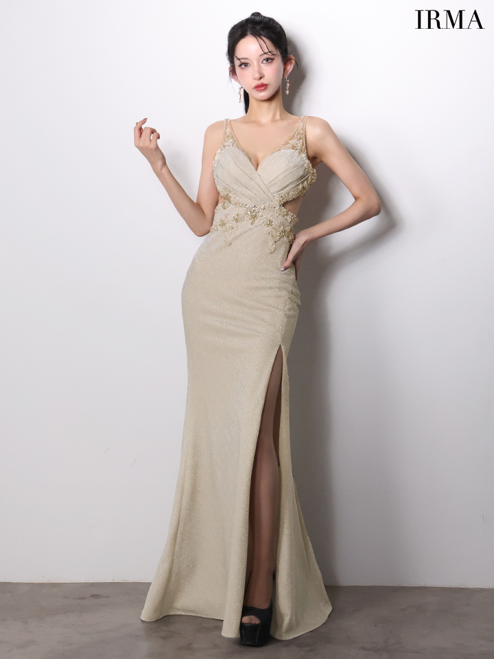 ノースリーブ ラメニット バックレースアップ くびれ透け スリット タイトロングドレスのイメージ画像2