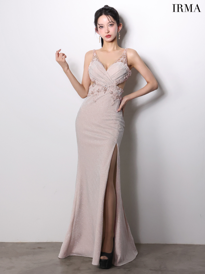 ノースリーブ ラメニット バックレースアップ くびれ透け スリット タイトロングドレスのイメージ画像3