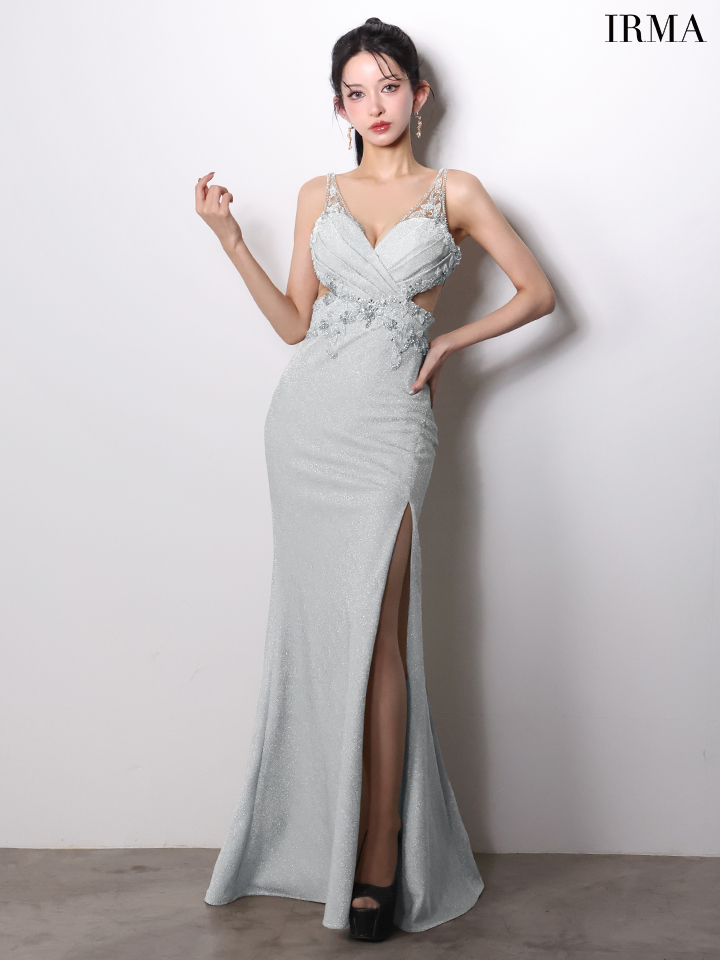 ノースリーブ ラメニット バックレースアップ くびれ透け スリット タイトロングドレスのイメージ画像5