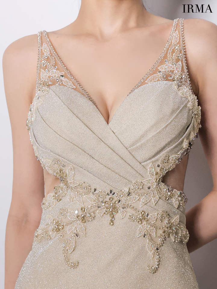 ノースリーブ ラメニット バックレースアップ くびれ透け スリット タイトロングドレスのイメージ画像7