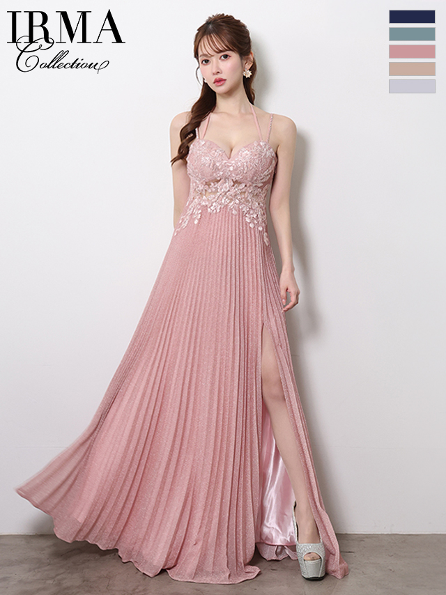 キャミソール ホルターネック スリット フラワー刺繍 プリーツ ラメニット バースデー Aラインロングドレスのイメージ画像1