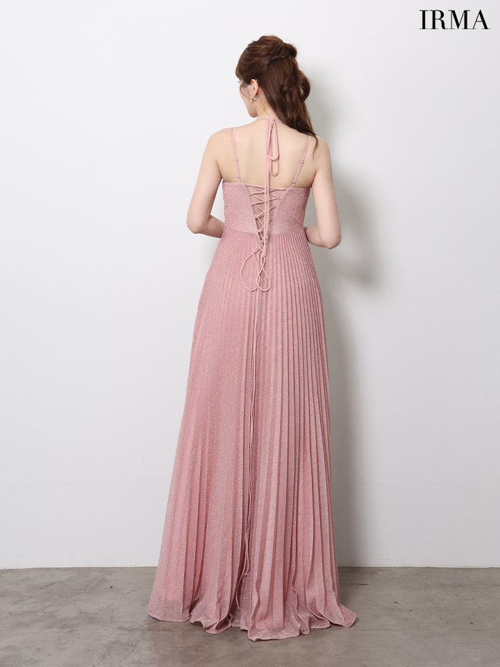 キャミソール ホルターネック スリット フラワー刺繍 プリーツ ラメニット バースデー Aラインロングドレスのイメージ画像7