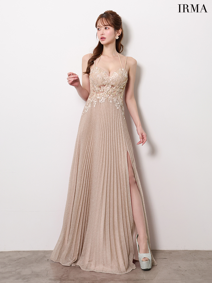 キャミソール ホルターネック スリット フラワー刺繍 プリーツ ラメニット バースデー Aラインロングドレスのイメージ画像3