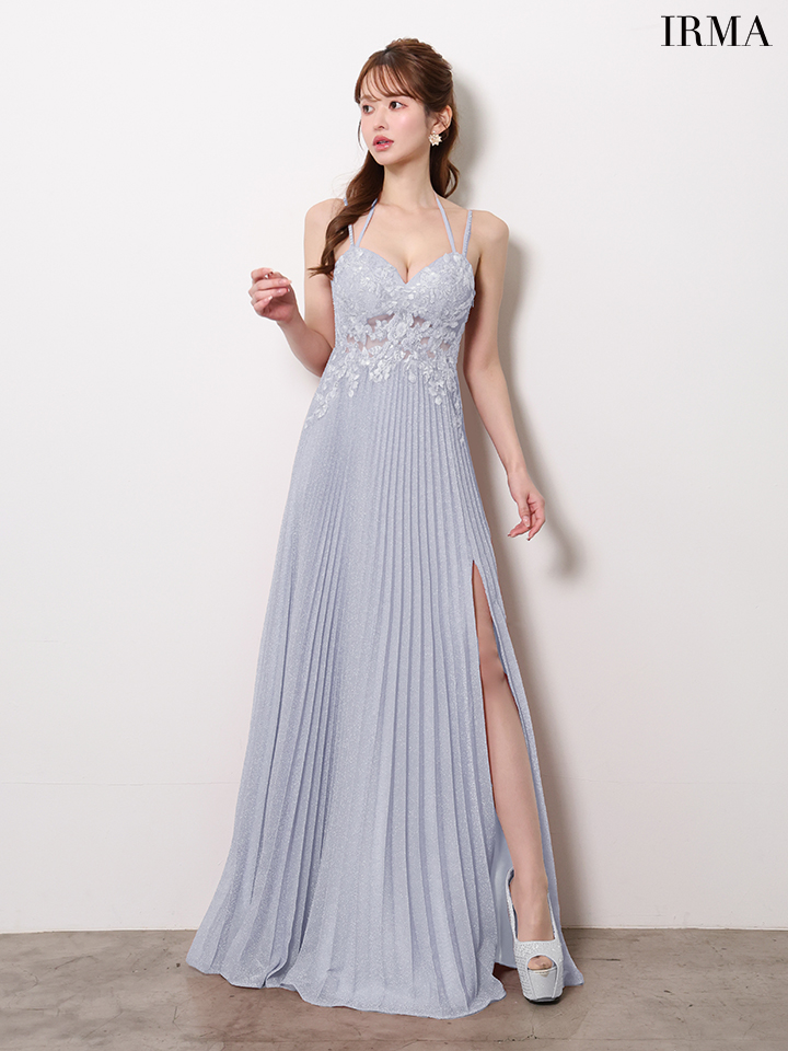 キャミソール ホルターネック スリット フラワー刺繍 プリーツ ラメニット バースデー Aラインロングドレスのイメージ画像4