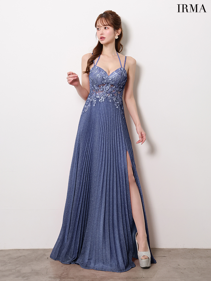 キャミソール ホルターネック スリット フラワー刺繍 プリーツ ラメニット バースデー Aラインロングドレスのイメージ画像5