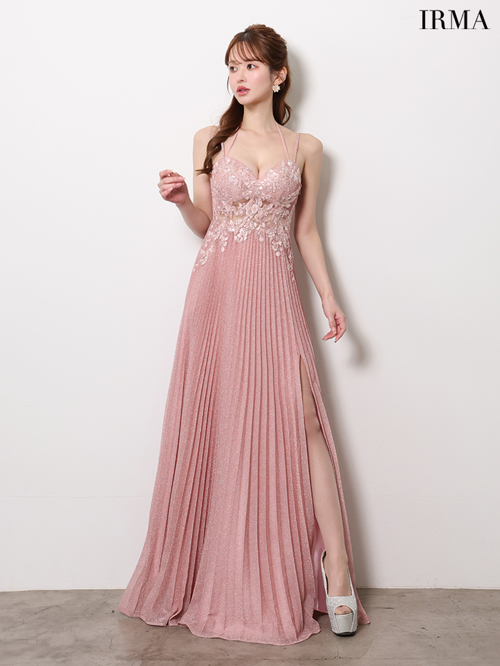 キャミソール ホルターネック スリット フラワー刺繍 プリーツ ラメニット バースデー Aラインロングドレスのイメージ画像2