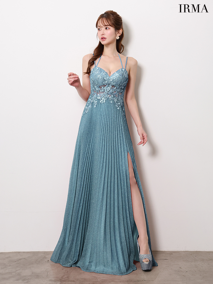 キャミソール ホルターネック スリット フラワー刺繍 プリーツ ラメニット バースデー Aラインロングドレスのイメージ画像6