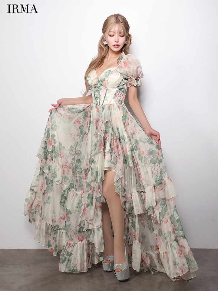 2way オフショルダー 花柄 バースデー バックスピンドル フリル ロングテールドレスのイメージ画像2