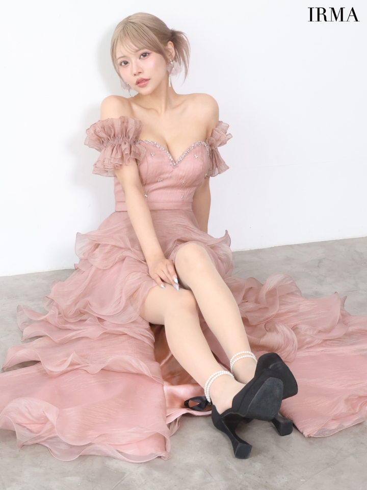 ベアトップ オーガンジー フリル 2way 袖付き ハートカット バースデー ビジュー ティアード ロングテールドレスのイメージ画像2