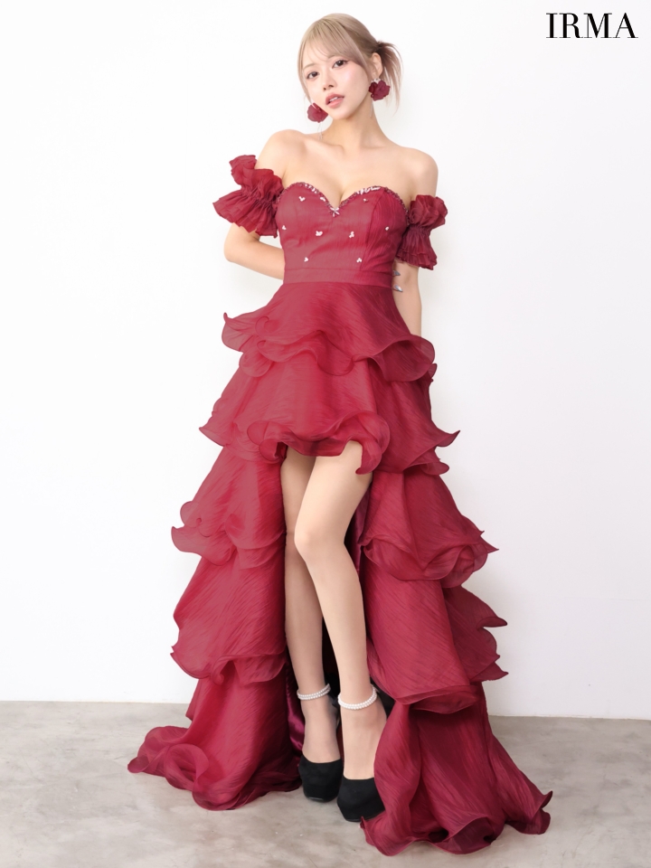 ベアトップ オーガンジー フリル 2way 袖付き ハートカット バースデー ビジュー ティアード ロングテールドレスのイメージ画像5