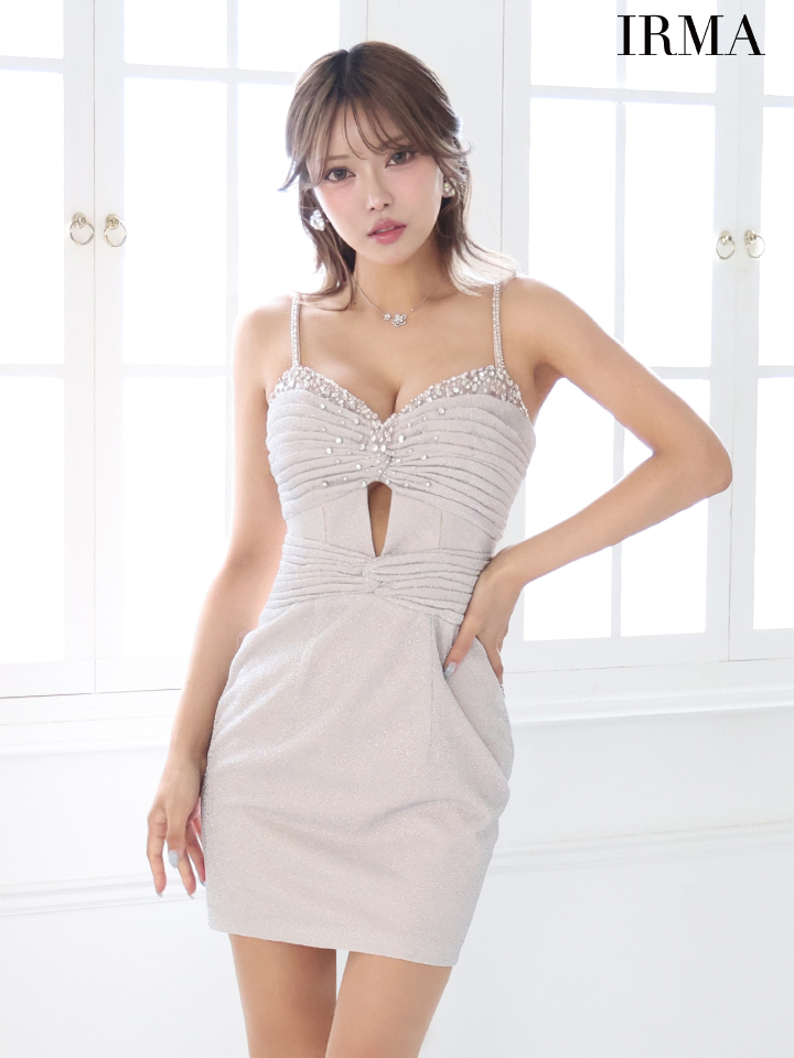 パール ビジュー ワンカラーカットアウト シャギー ラメ キャミソール タイトミニドレスのイメージ画像2