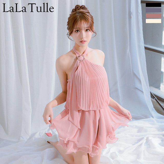 アコーディオンプリーツ カットオフ シフォン フレア ホルターネック フレアミニドレスのメイン画像