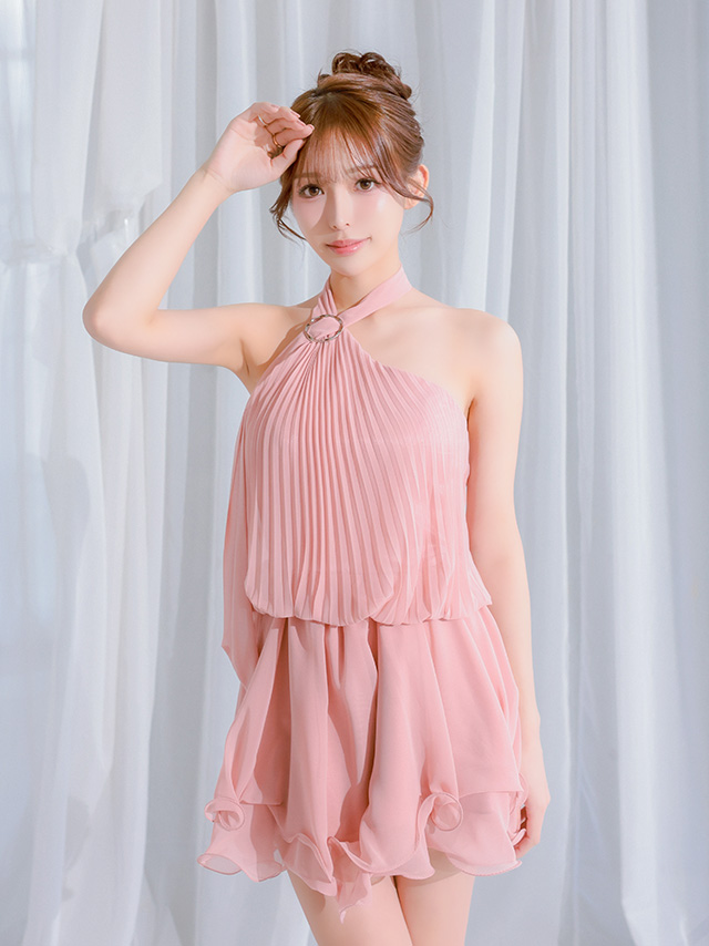 アコーディオンプリーツ カットオフ シフォン フレア ホルターネック フレアミニドレスのイメージ画像1