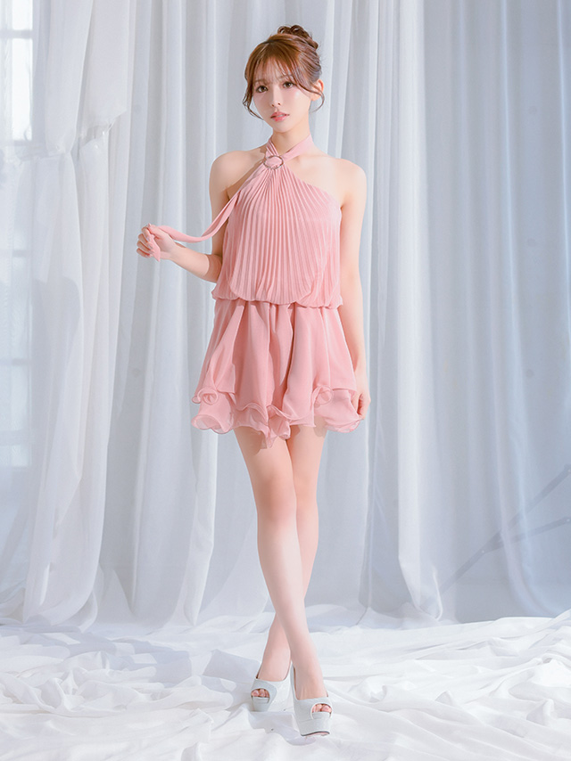 アコーディオンプリーツ カットオフ シフォン フレア ホルターネック フレアミニドレスのイメージ画像3