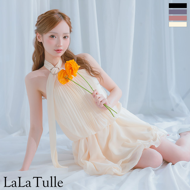 アコーディオンプリーツ カットオフ シフォン フレア ホルターネック フレアミニドレスのメイン画像