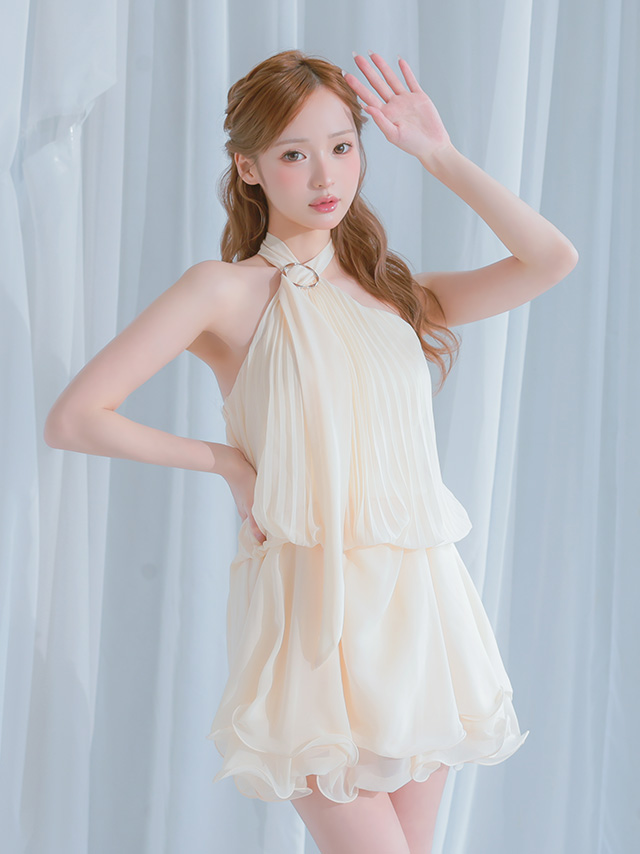 アコーディオンプリーツ カットオフ シフォン フレア ホルターネック フレアミニドレスのイメージ画像1