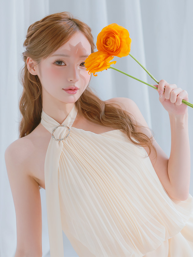 アコーディオンプリーツ カットオフ シフォン フレア ホルターネック フレアミニドレスのイメージ画像2