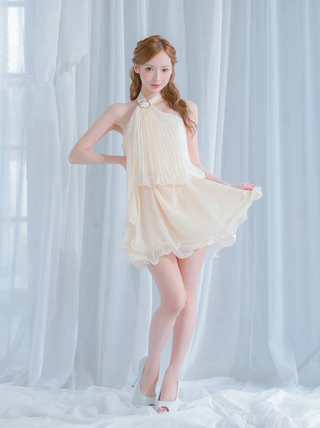 アコーディオンプリーツ カットオフ シフォン フレア ホルターネック フレアミニドレスのイメージ画像3