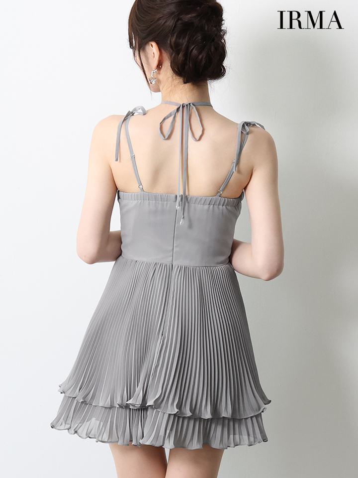 キャミソール ホルターネック リボン ビジュー パール シアーレース プリーツシフォン フレアミニドレスのイメージ画像4