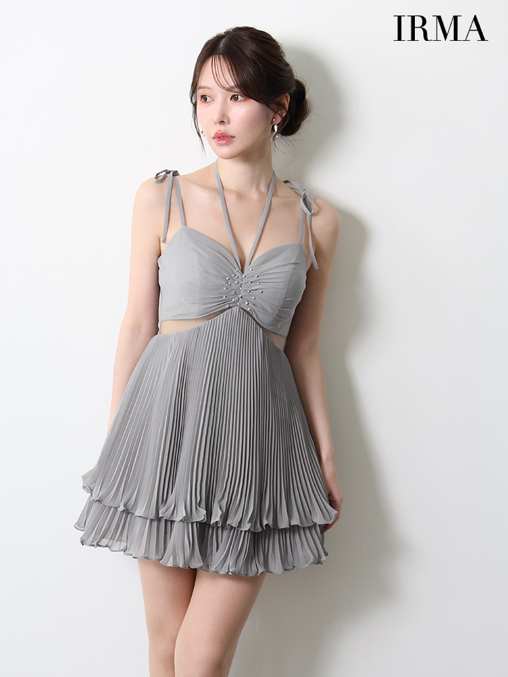 キャミソール ホルターネック リボン ビジュー パール シアーレース プリーツシフォン フレアミニドレスのイメージ画像2