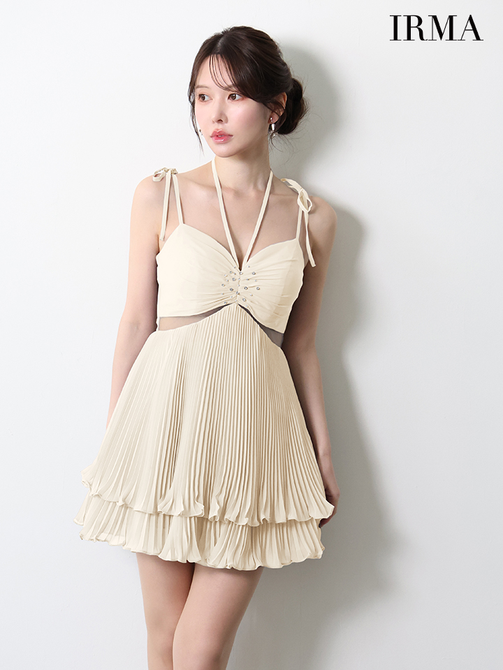 キャミソール ホルターネック リボン ビジュー パール シアーレース プリーツシフォン フレアミニドレスのイメージ画像3