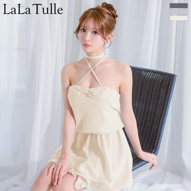 2way ホルターネック バストリボン ビジュー フリル フレアミニドレスのメイン画像