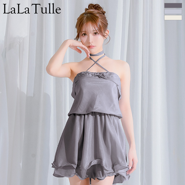 2way ホルターネック バストリボン ビジュー フリル フレアミニドレスのメイン画像