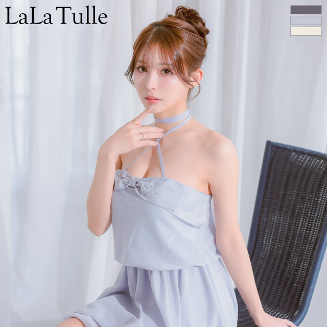 2way ホルターネック バストリボン ビジュー フリル フレアミニドレスのメイン画像