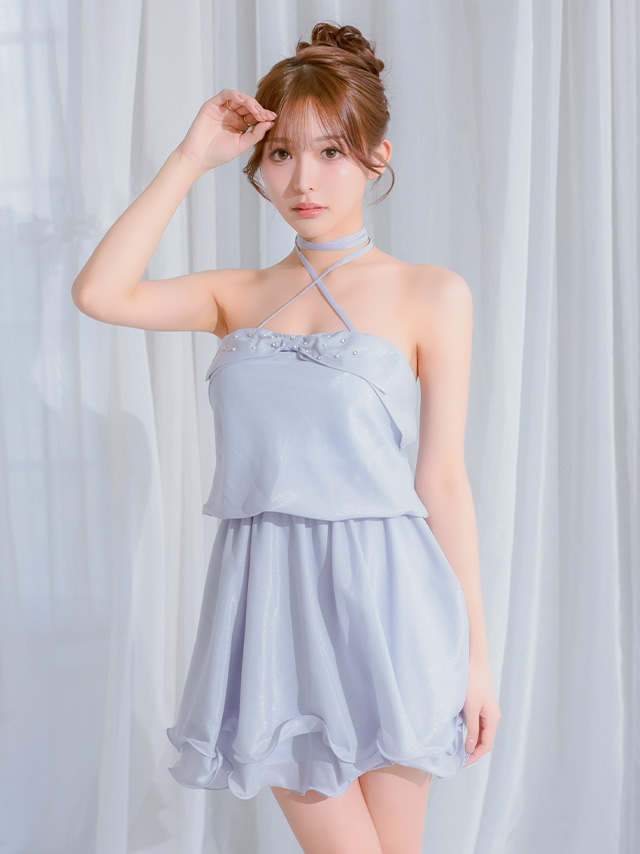 2way ホルターネック バストリボン ビジュー フリル フレアミニドレスのイメージ画像2