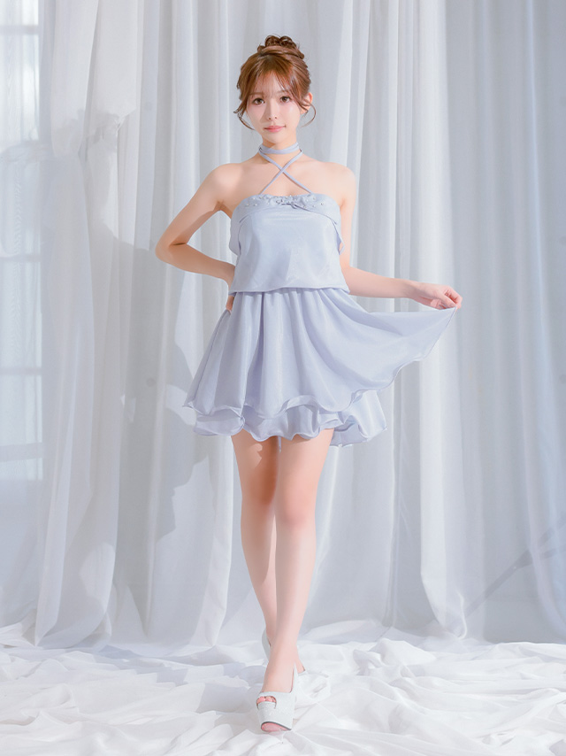 2way ホルターネック バストリボン ビジュー フリル フレアミニドレスのイメージ画像4