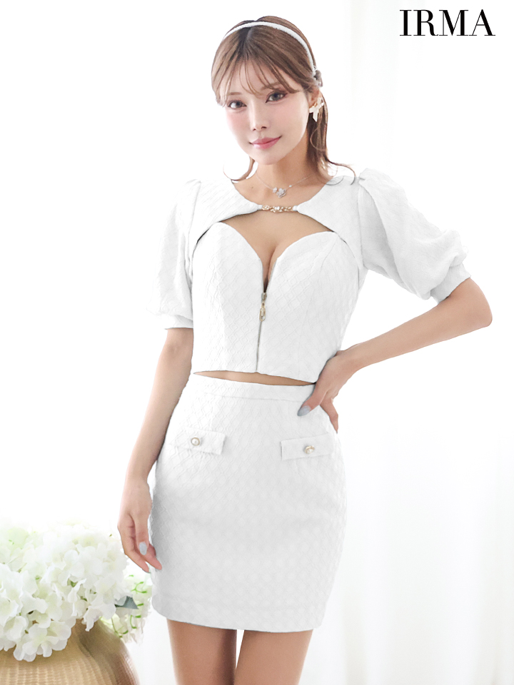 パールボタン アーガイル パフスリーブ バストジップ ワッシャー加工 セットアップ タイトミニドレスのイメージ画像5