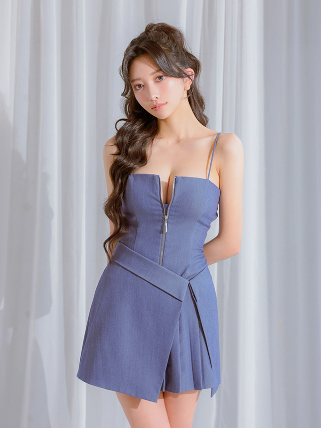 キャミソール ジップデザイン ラップ風デザイン プリーツ ワンカラー フレアミニドレスのイメージ画像1