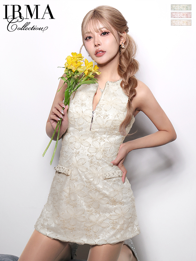 ノースリーブ ジップデザイン スパンコール レース 花柄 タイトミニドレスのイメージ画像1