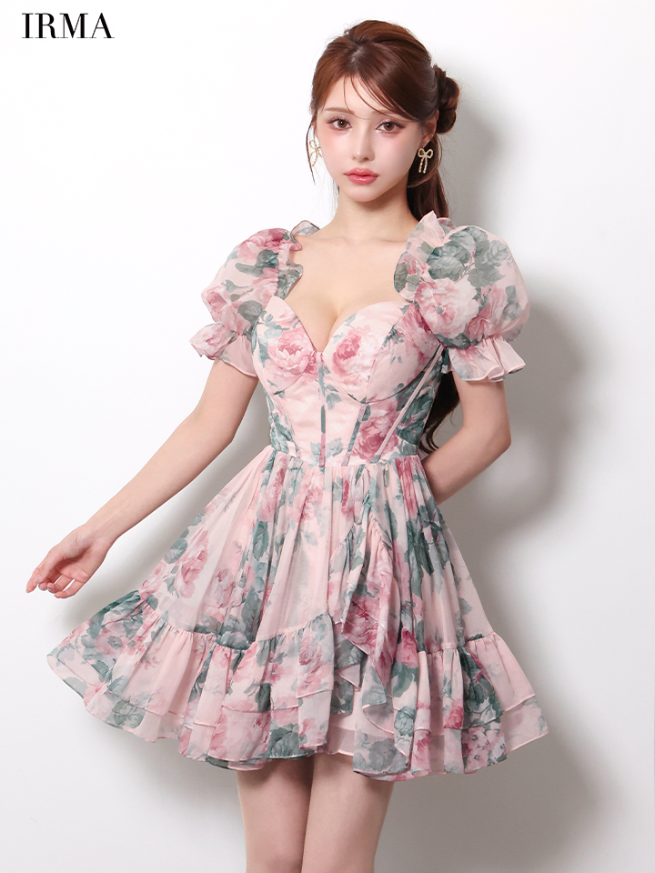 オフショルダー 袖あり 花柄 シフォン フリル フレアミニドレスのイメージ画像2