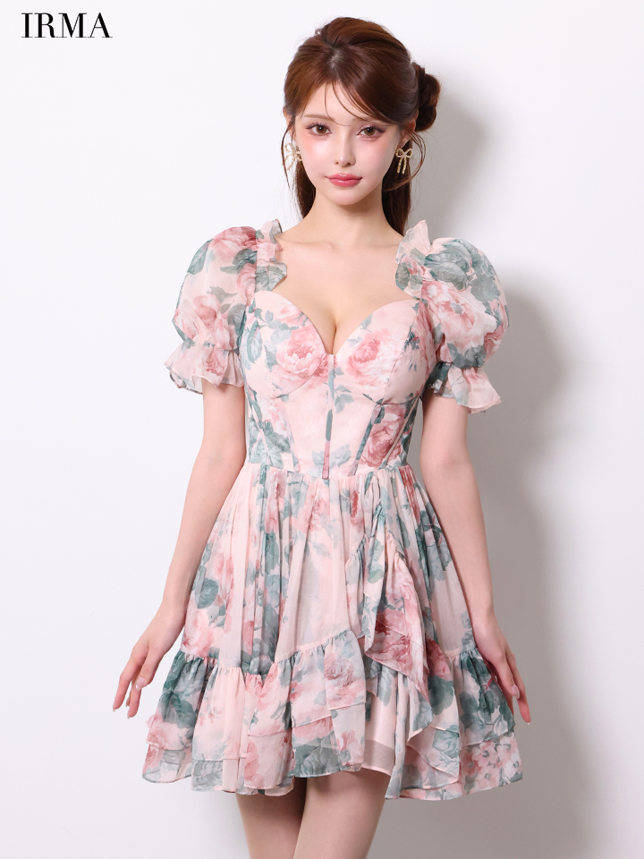 オフショルダー 袖あり 花柄 シフォン フリル フレアミニドレスのイメージ画像4