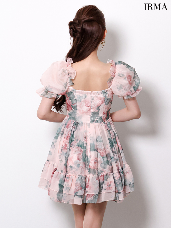 オフショルダー 袖あり 花柄 シフォン フリル フレアミニドレスのイメージ画像10