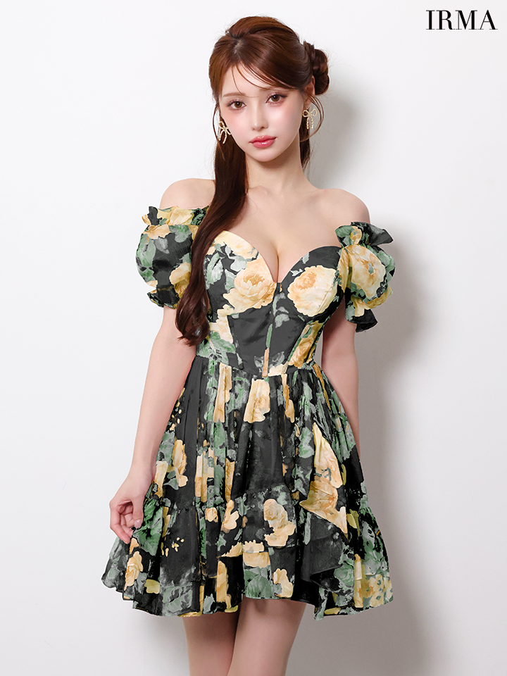 オフショルダー 袖あり 花柄 シフォン フリル フレアミニドレスのイメージ画像8