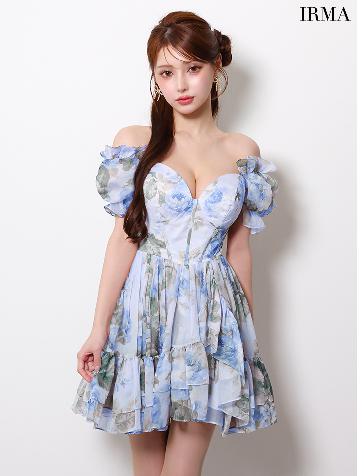 オフショルダー 袖あり 花柄 シフォン フリル フレアミニドレスのイメージ画像7