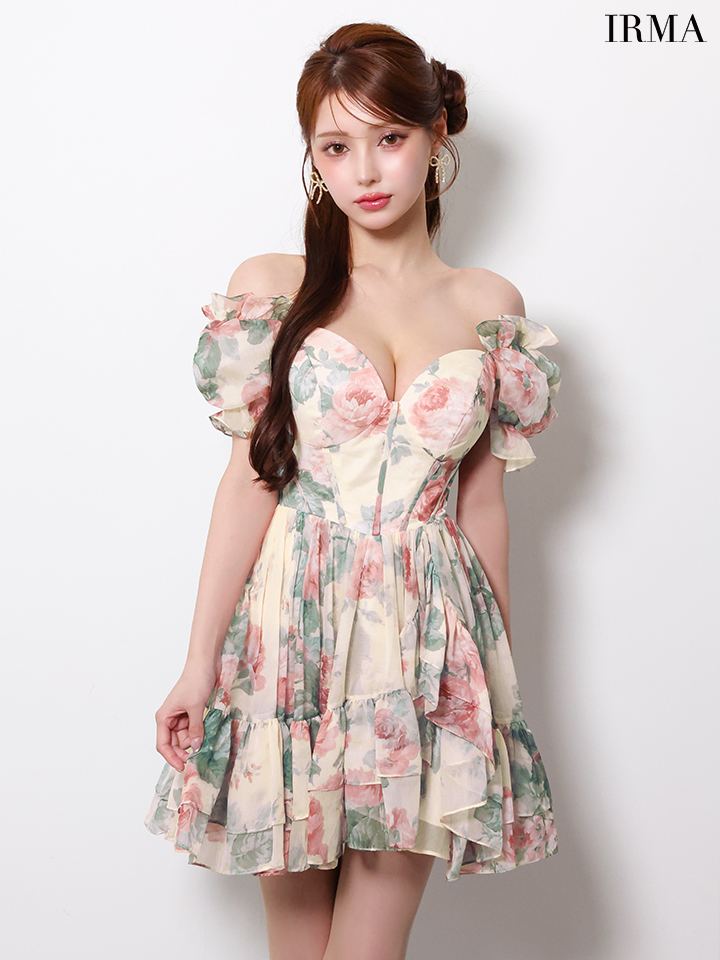 オフショルダー 袖あり 花柄 シフォン フリル フレアミニドレスのイメージ画像6