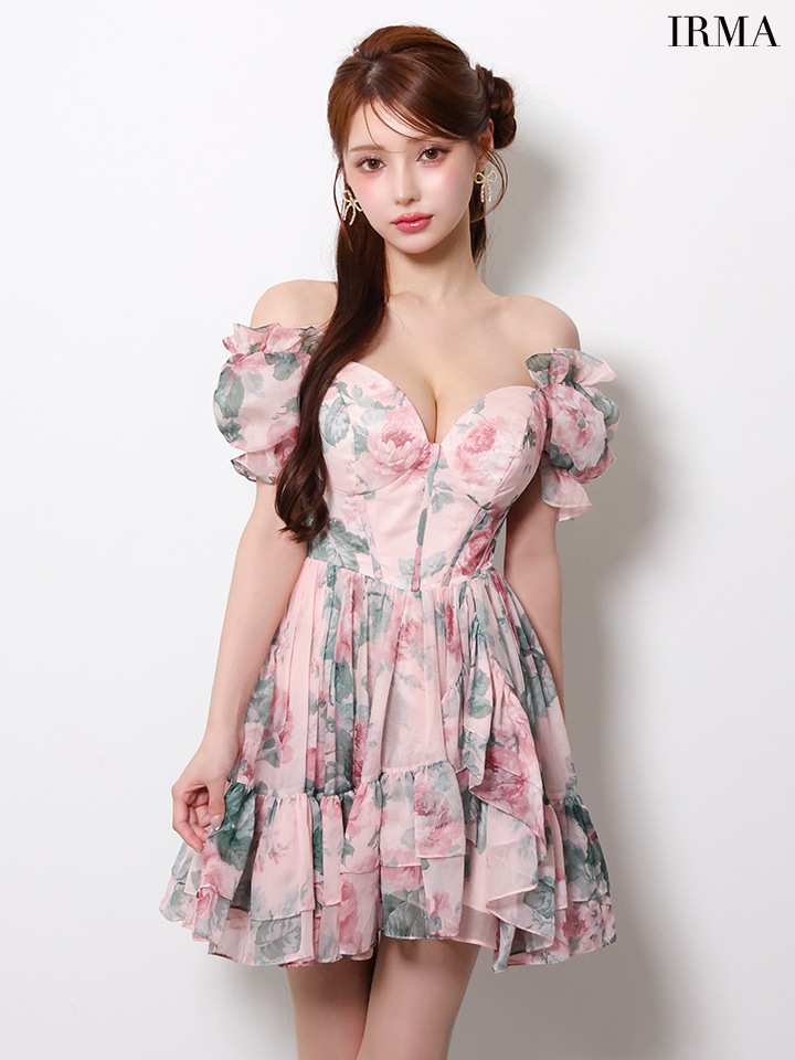 オフショルダー 袖あり 花柄 シフォン フリル フレアミニドレスのイメージ画像5