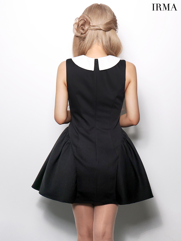 ノースリーブ Vカット 立体フラワーモチーフ 襟デザイン フレアミニドレスのイメージ画像7