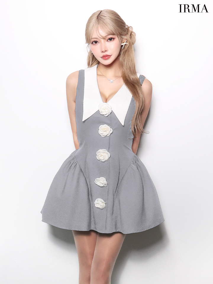 ノースリーブ Vカット 立体フラワーモチーフ 襟デザイン フレアミニドレスのイメージ画像5